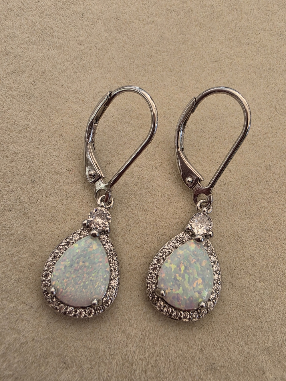 925 Sterling Silver Created Opal Pear Halo Dangle Earrings • 2.69g